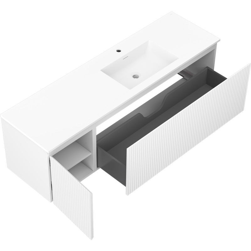 Mexen Rivel bathroom cabinet 160 cm with Otis right sink, 1S, 1D, fluted, white matte - 91A23-16047-3-BBFF01-W18P01