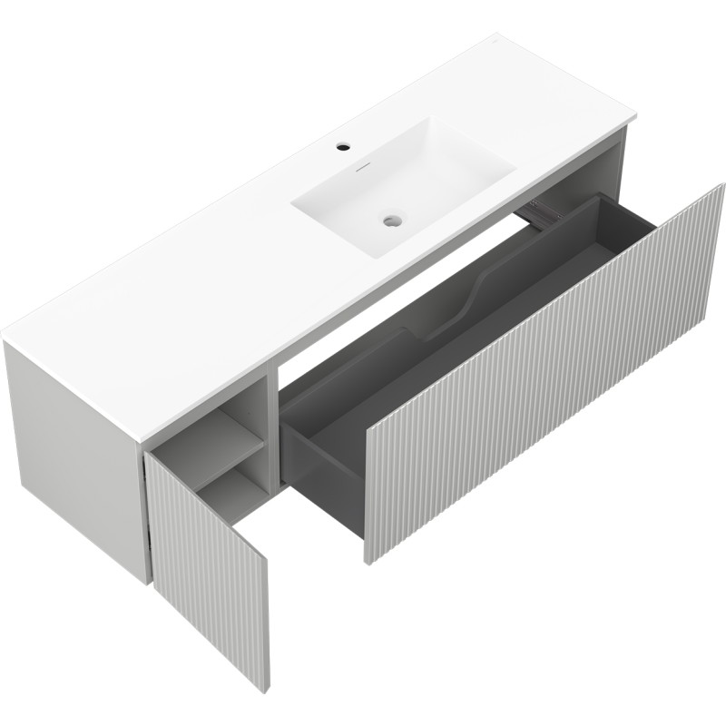 Mexen Rivel bathroom cabinet 160 cm with right Otis sink, 1S, 1D, grooved, gray matte/white matte - 91A23-16047-3-BBFF62-W18P01