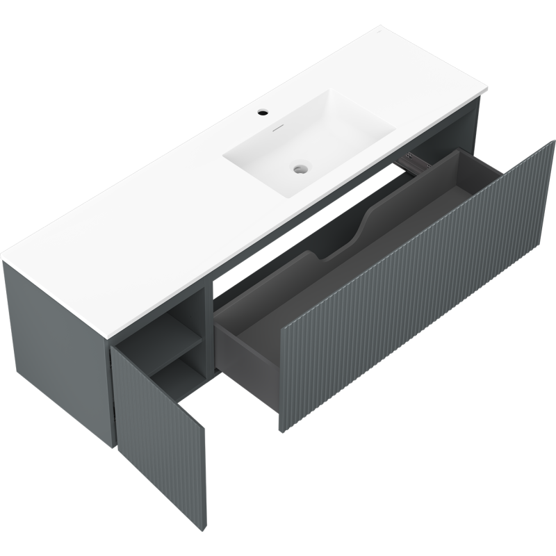 Mexen Rivel bathroom cabinet 160 cm with right Otis sink, 1S, 1D, grooved, graphite/white matte - 91A23-16047-3-BBFF66-W18P01