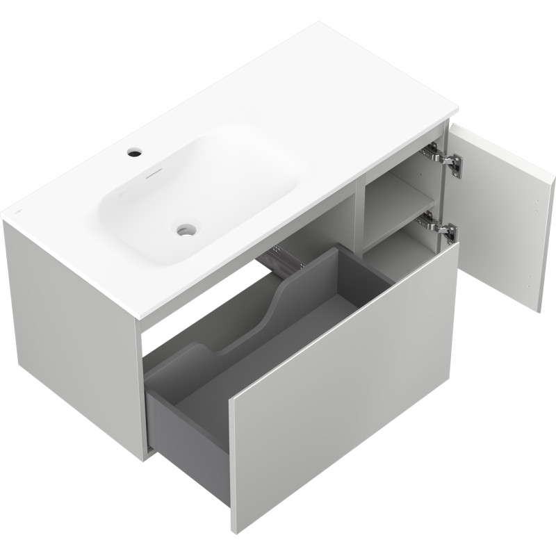 Mexen Orio 90 cm bathroom cabinet with left Vela sink, 1S, 1D, gray matte/white matte - 91A13-09047-3-BBFF62-W23L01