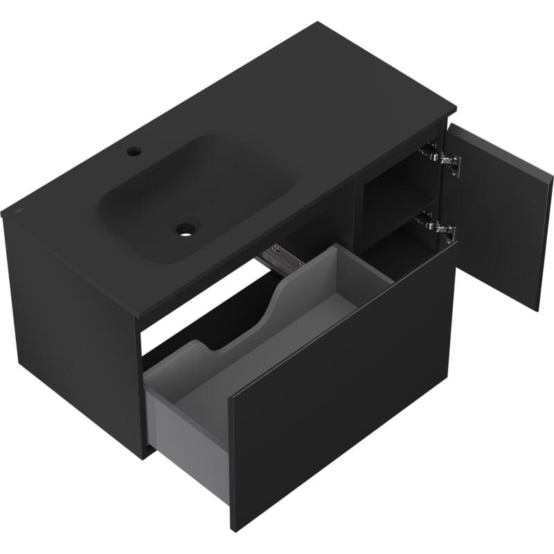 Mexen Orio 90 cm Bathroom Cabinet with Left Basin Vela, 1S, 1D, Black Matte - 91A13-09047-3-BBFF71-W23L71