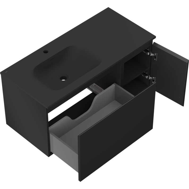 Mexen Orio bathroom cabinet 90 cm with Vela left sink, 1S, 1D, black matte - 91A13-09047-3-BBFF71-W23L71