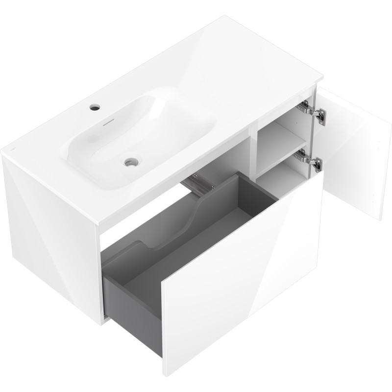Mexen Orio bathroom cabinet 100 cm with Vela left sink, 1 drawer, 1 door, white gloss - 91A13-10047-3-BBFF00-W23L00