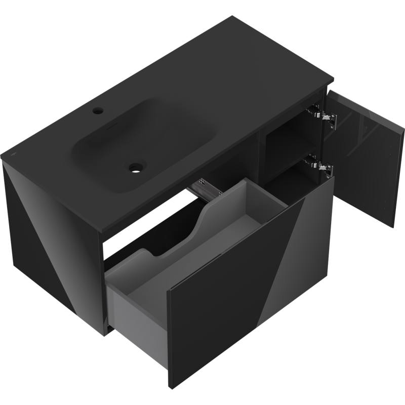 Mexen Orio bathroom cabinet 100 cm with Vela left washbasin, 1S, 1D, black gloss/black matte - 91A13-10047-3-BBFF70-W23L71