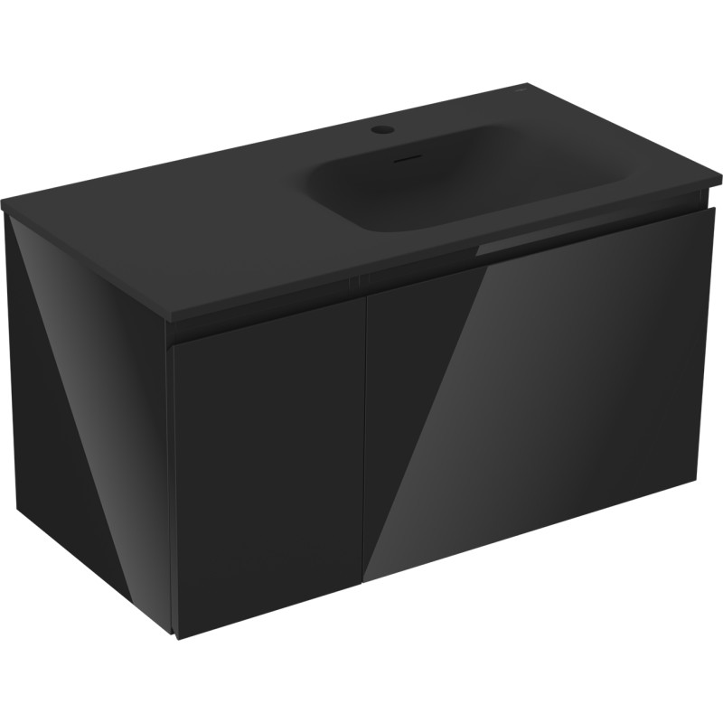 Mexen Orio 90 cm bathroom cabinet with Vela sink right, 1S, 1D, black gloss/black matte - 91A13-09047-3-BBFF70-W23P71