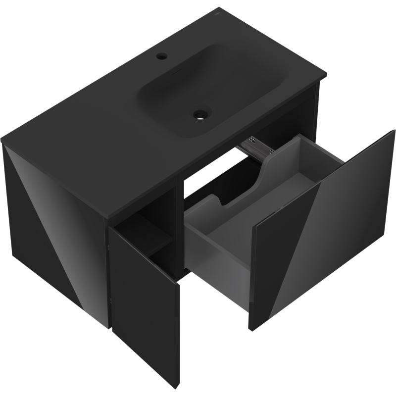 Mexen Orio 90 cm Bathroom Cabinet with Right Vela Sink, 1S, 1D, Black Gloss/Black Matte - 91A13-09047-3-BBFF70-W23P71