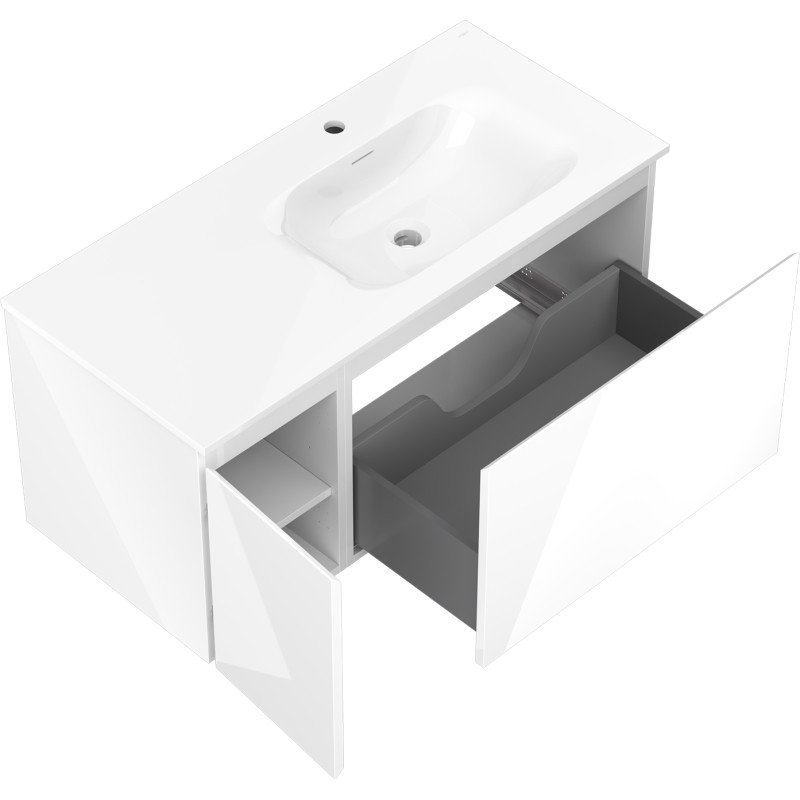 Mexen Orio 100 cm bathroom cabinet with Vela right sink, 1S, 1D, white gloss - 91A13-10047-3-BBFF00-W23P00