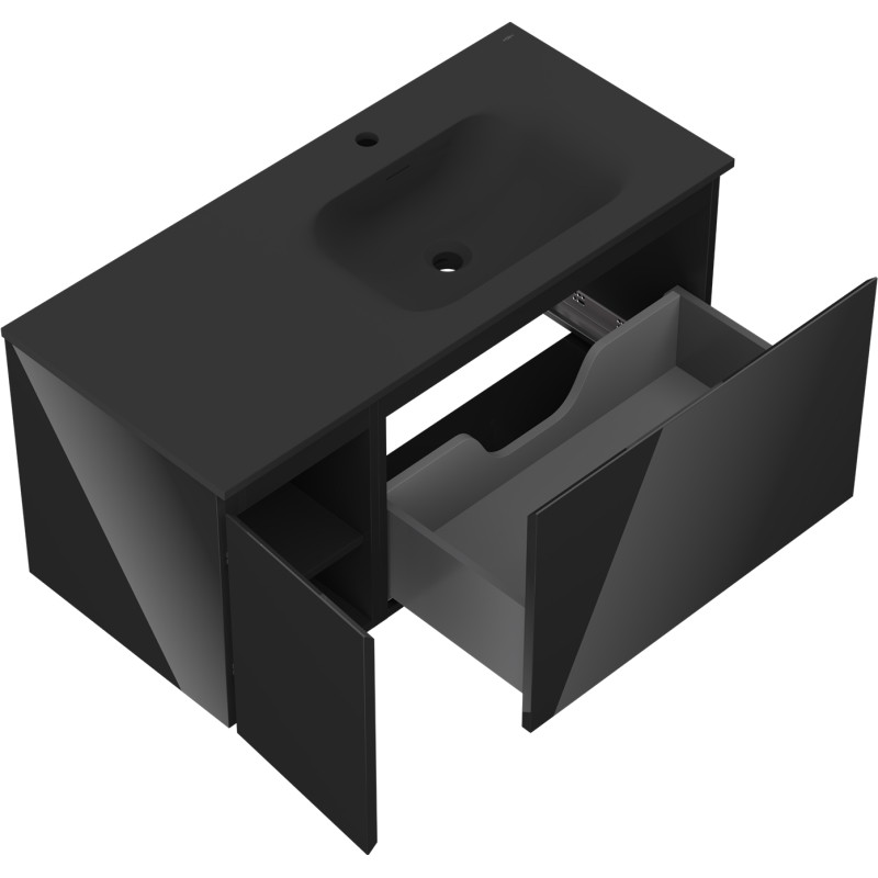Mexen Orio 100 cm bathroom cabinet with Vela sink right, 1S, 1D, black gloss/black matte - 91A13-10047-3-BBFF70-W23P71
