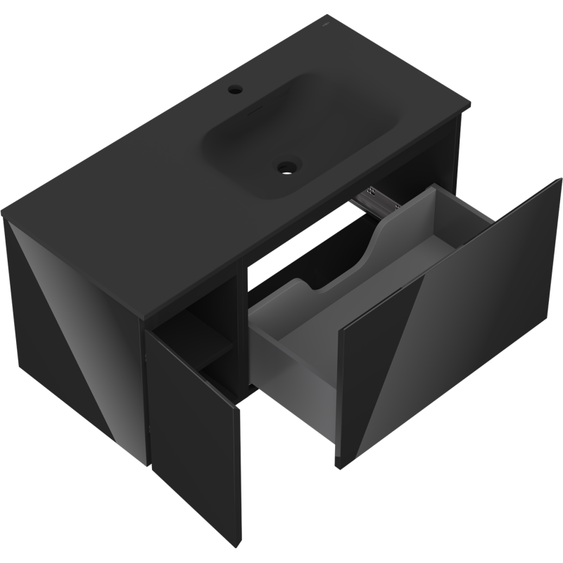 Mexen Orio bathroom cabinet 100 cm with Vela right basin, 1S, 1D, black gloss/black matte - 91A13-10047-3-BBFF70-W23P71