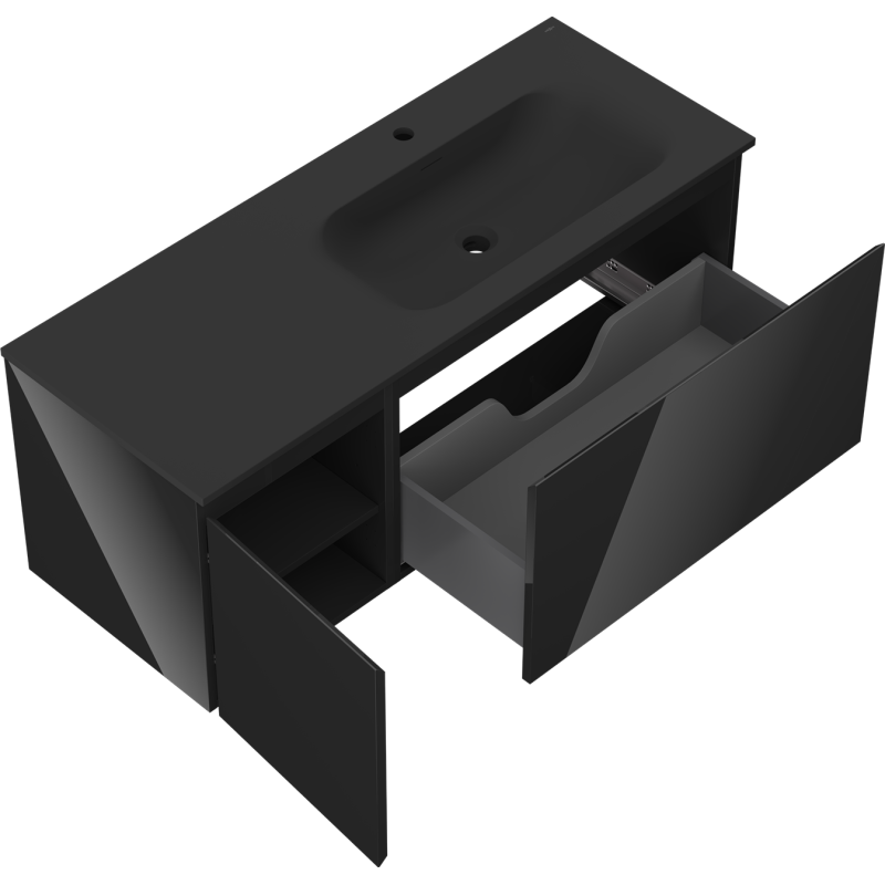 Mexen Orio 120 cm Bathroom Cabinet with Vela Right Sink, 1S, 1D, Black Gloss/Black Matte - 91A13-12047-3-BBFF70-W23P71