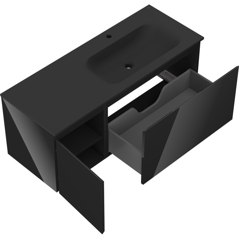 Mexen Orio bathroom cabinet 120 cm with Vela right sink, 1S, 1D, black gloss/black matte - 91A13-12047-3-BBFF70-W23P71
