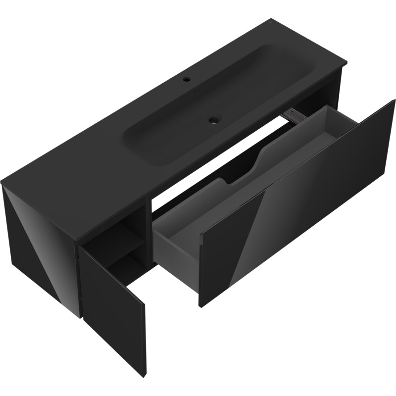 Mexen Orio 160 cm bathroom cabinet with Vela right sink, 1S, 1D, black gloss/black matte - 91A13-16047-3-BBFF70-W23P71