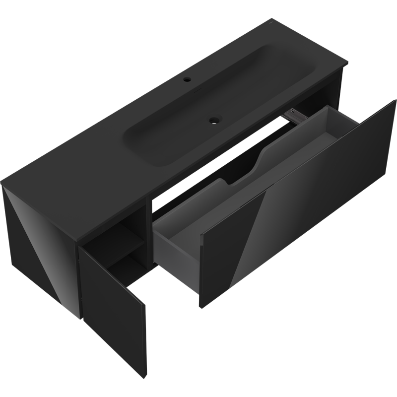 Mexen Orio bathroom cabinet 160 cm with Vela right washbasin, 1S, 1D, black gloss/black matte - 91A13-16047-3-BBFF70-W23P71