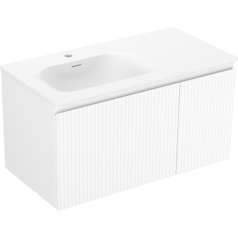 Mexen Rivel 90 cm bathroom cabinet with Vela left sink, 1S, 1D, fluted, matte white - 91A23-09047-3-BBFF01-W23L01