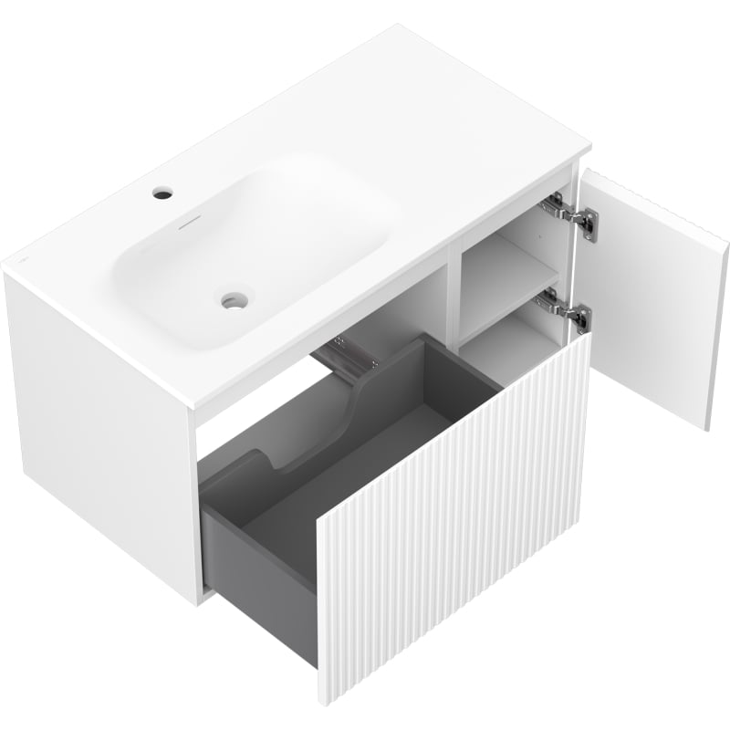 Mexen Rivel 90 cm bathroom cabinet with Vela left sink, 1S, 1D, fluted, matte white - 91A23-09047-3-BBFF01-W23L01