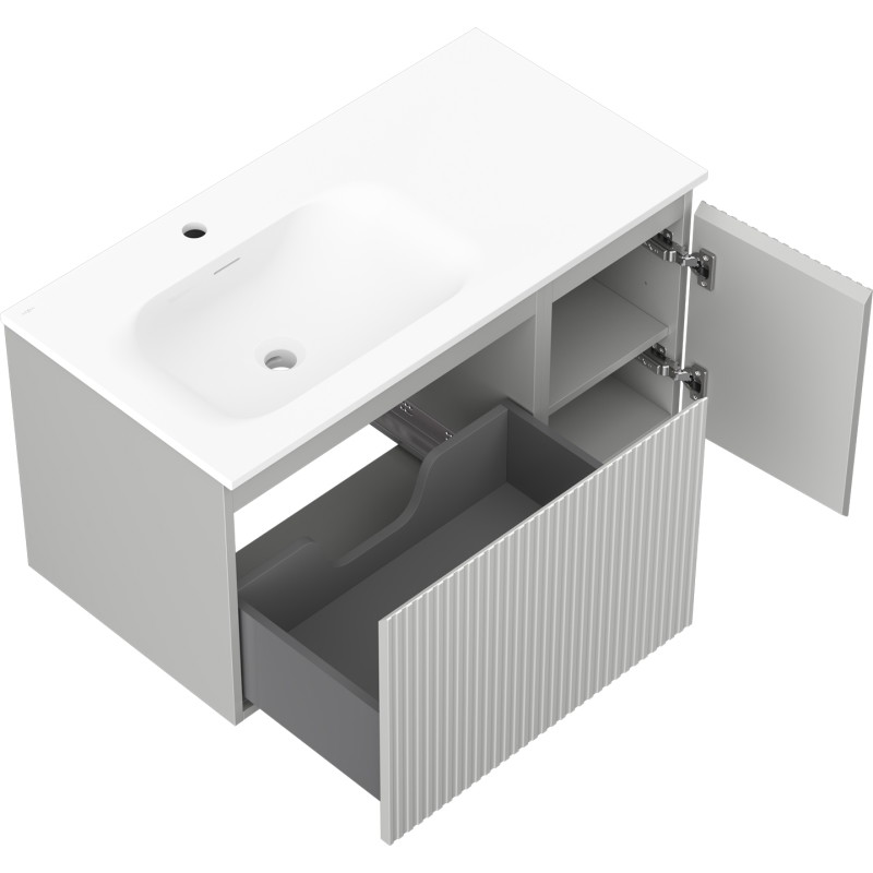 Mexen Rivel 90 cm bathroom cabinet with Vela left sink, 1S, 1D, grooved, gray matte/white matte - 91A23-09047-3-BBFF62-W23L01