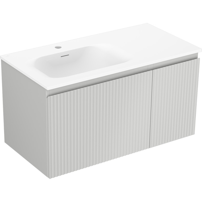 Mexen Rivel 90 cm bathroom cabinet with Vela left sink, 1S, 1D, grooved, gray matte/white matte - 91A23-09047-3-BBFF62-W23L01