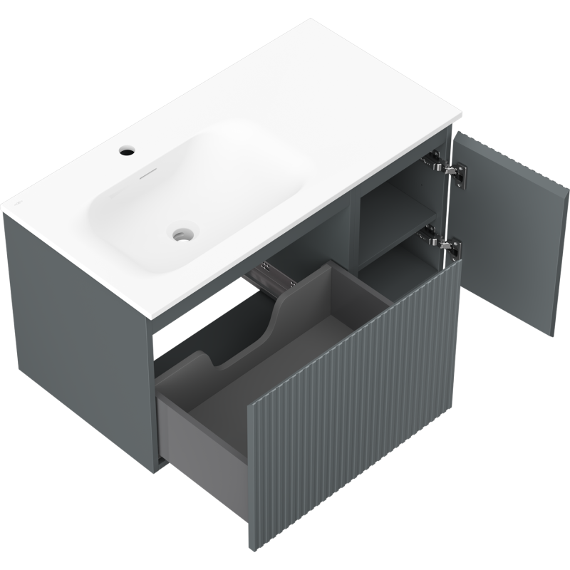 Mexen Rivel 90 cm bathroom cabinet with Vela left washbasin, 1S, 1D, grooved, matte graphite/white - 91A23-09047-3-BBFF66-W23L01