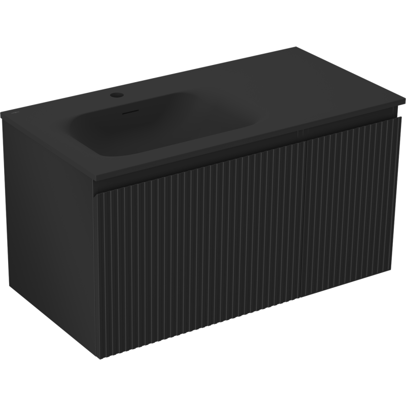 Mexen Rivel bathroom cabinet 90 cm with Vela left washbasin, 1S, 1D, fluted, black matte - 91A23-09047-3-BBFF71-W23L71