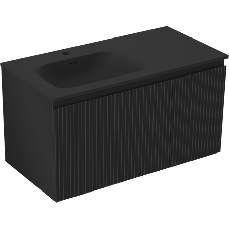 Mexen Rivel 90 cm Bathroom Cabinet with Vela Left Sink, 1S, 1D, Ribbed, Matte Black - 91A23-09047-3-BBFF71-W23L71