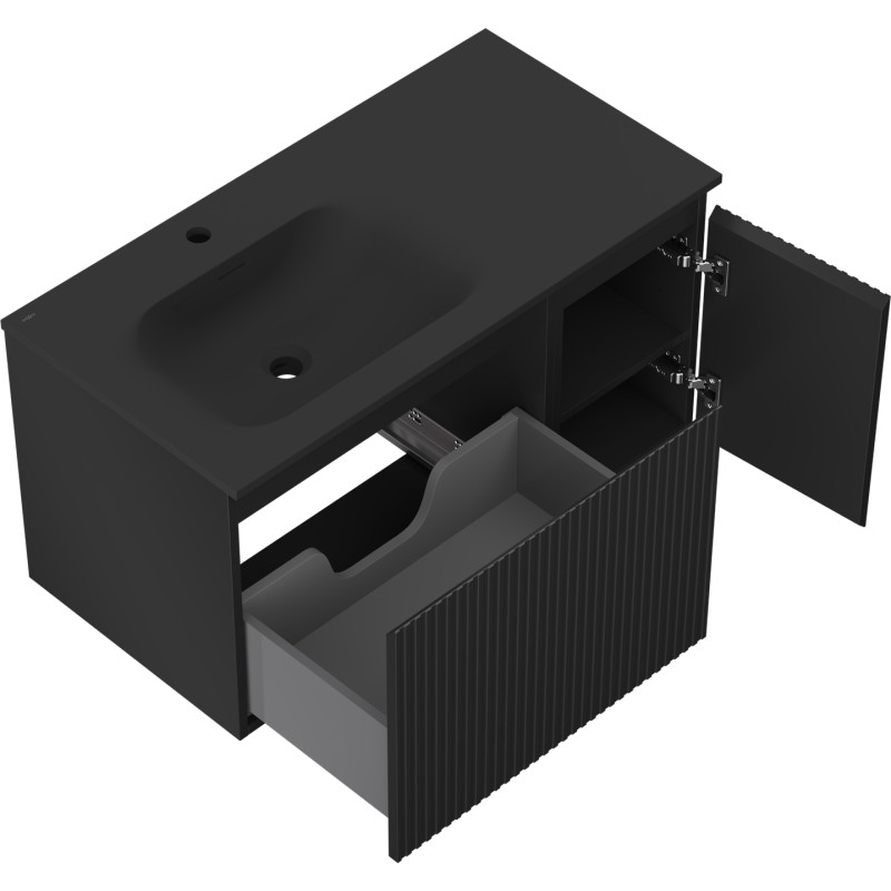 Mexen Rivel 90 cm Bathroom Cabinet with Vela Left Sink, 1S, 1D, Ribbed, Matte Black - 91A23-09047-3-BBFF71-W23L71