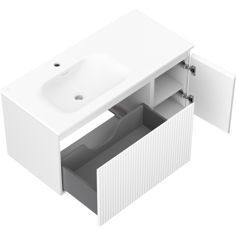 Mexen Rivel 100 cm Bathroom Cabinet with Vela Left Sink, 1S, 1D, Grooved, White Matte - 91A23-10047-3-BBFF01-W23L01