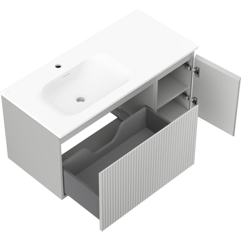 Mexen Rivel bathroom cabinet 100 cm with Vela left sink, 1S, 1D, grooved, gray matte/white matte - 91A23-10047-3-BBFF62-W23L01