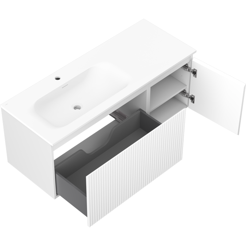 Mexen Rivel Bathroom Cabinet 120 cm with Vela Left Washbasin, 1S, 1D, Fluted, White Matte - 91A23-12047-3-BBFF01-W23L01