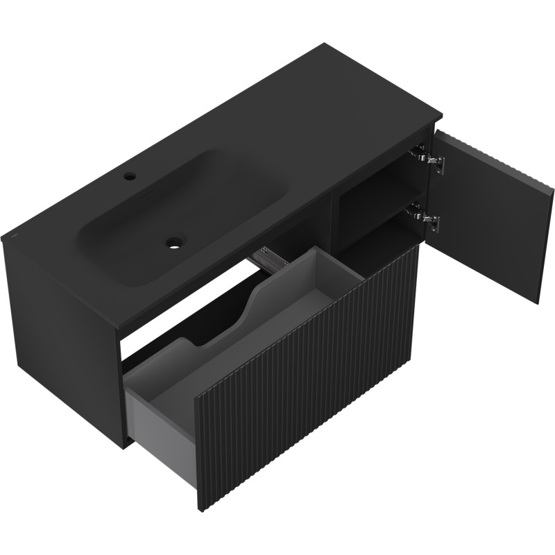 Mexen Rivel 120 cm bathroom cabinet with Vela left sink, 1S, 1D, fluted, black matte - 91A23-12047-3-BBFF71-W23L71