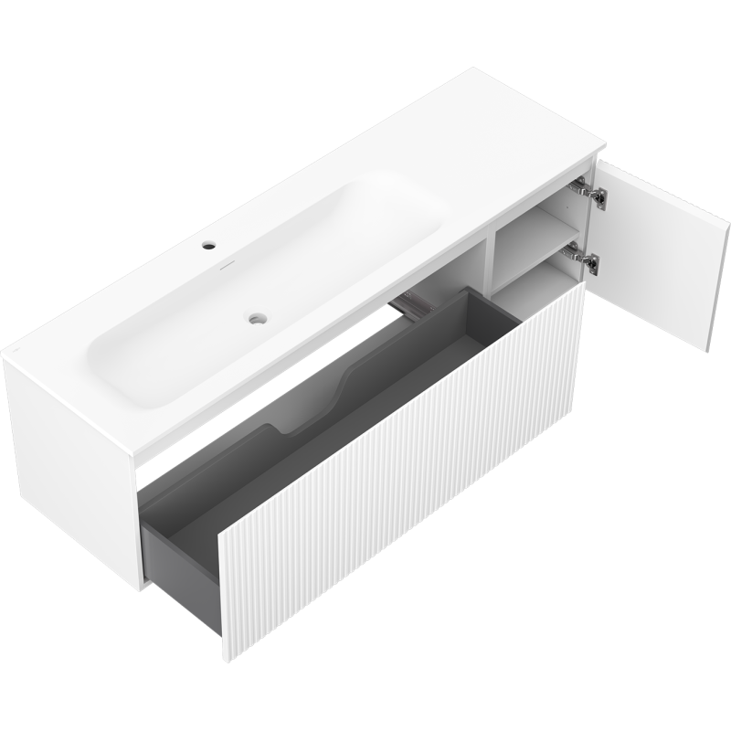 Mexen Rivel bathroom cabinet 160 cm with left Vela washbasin, 1S, 1D, fluted, white matte - 91A23-16047-3-BBFF01-W23L01