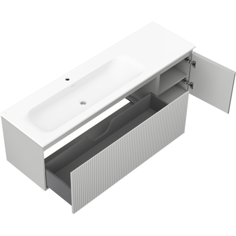 Mexen Rivel 160 cm bathroom cabinet with Vela left sink, 1S, 1D, fluted, gray matte/white matte - 91A23-16047-3-BBFF62-W23L01