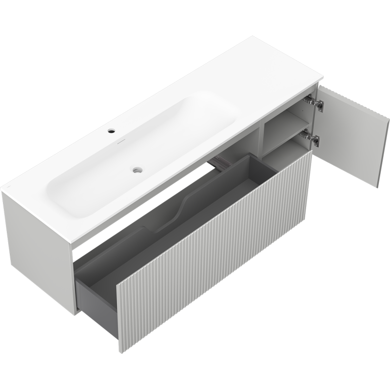 Mexen Rivel bathroom cabinet 160 cm with left Vela sink, 1S, 1D, grooved, gray matte/white matte - 91A23-16047-3-BBFF62-W23L01