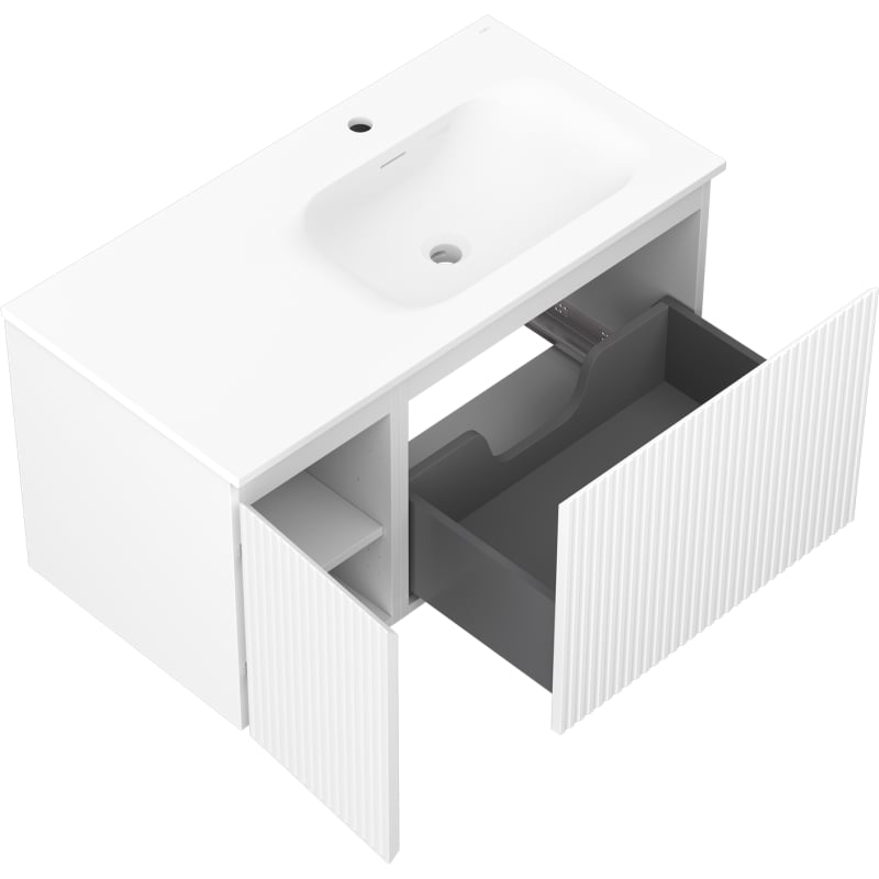 Mexen Rivel 90 cm bathroom cabinet with Vela sink right, 1S, 1D, grooved, white matte - 91A23-09047-3-BBFF01-W23P01