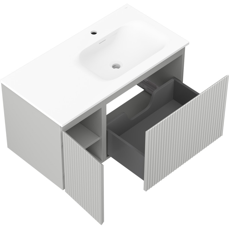 Mexen Rivel 90 cm Bathroom Cabinet with Vela Right Sink, 1 Drawer, 1 Door, Grooved, Gray Matte/White Matte