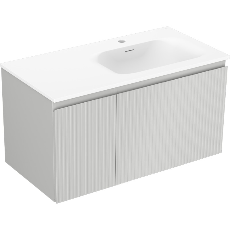 Mexen Rivel 90 cm Bathroom Cabinet with Vela Right Sink, 1 Drawer, 1 Door, Grooved, Gray Matte/White Matte