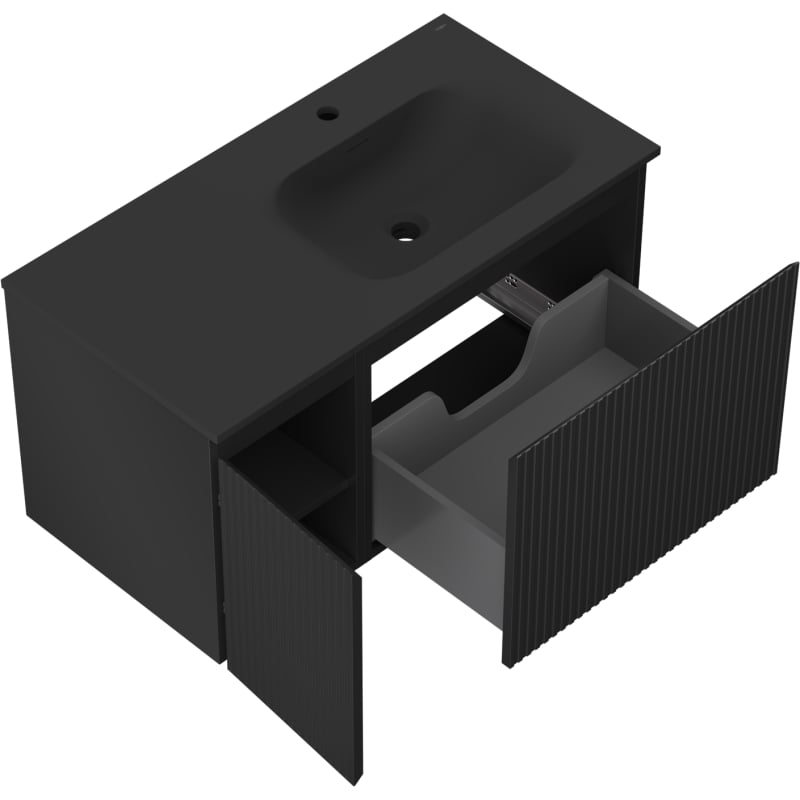 Mexen Rivel 90 cm bathroom cabinet with Vela right sink, 1S, 1D, grooved, black matte - 91A23-09047-3-BBFF71-W23P71