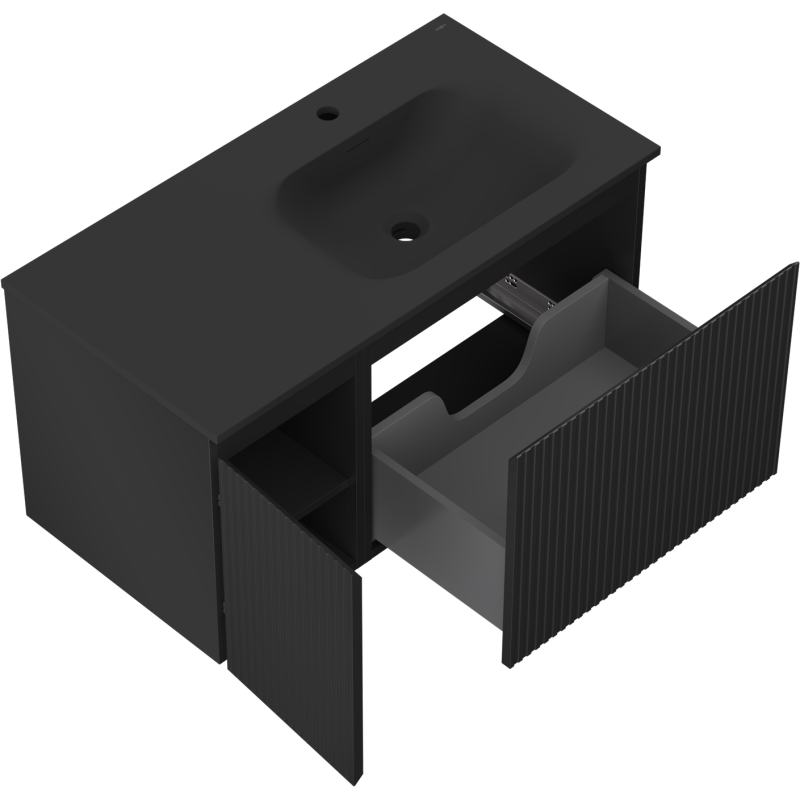 Mexen Rivel bathroom cabinet 90 cm with Vela right sink, 1S, 1D, fluted, matte black - 91A23-09047-3-BBFF71-W23P71