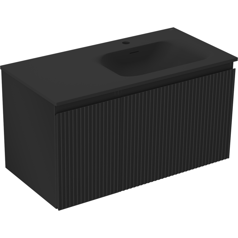 Mexen Rivel bathroom cabinet 90 cm with Vela right sink, 1S, 1D, fluted, matte black - 91A23-09047-3-BBFF71-W23P71