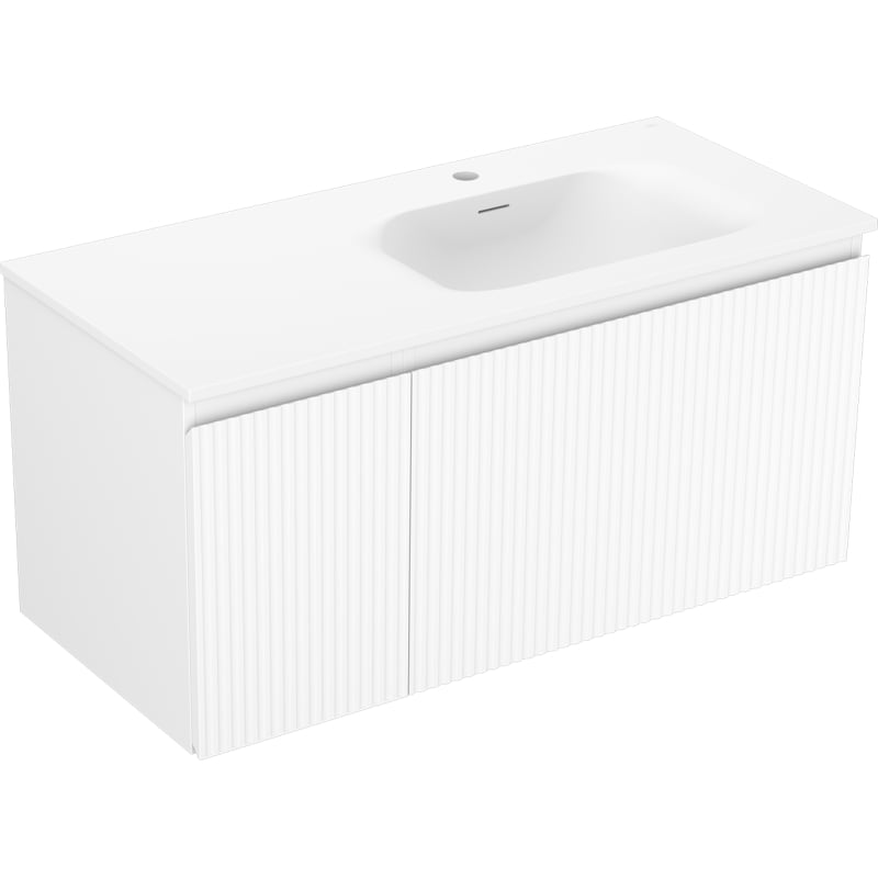 Mexen Rivel 100 cm bathroom cabinet with right Vela sink, 1S, 1D, grooved, matte white - 91A23-10047-3-BBFF01-W23P01
