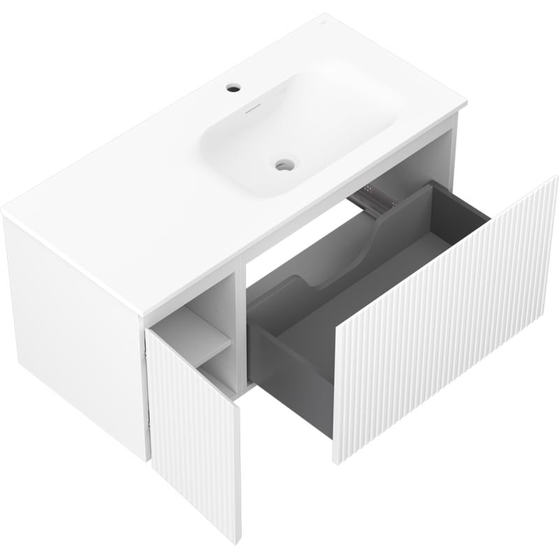 Mexen Rivel 100 cm bathroom cabinet with right Vela sink, 1S, 1D, grooved, matte white - 91A23-10047-3-BBFF01-W23P01