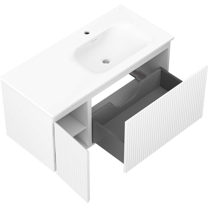Mexen Rivel bathroom cabinet 100 cm with Vela sink right, 1S, 1D, fluted, matt white - 91A23-10047-3-BBFF01-W23P01