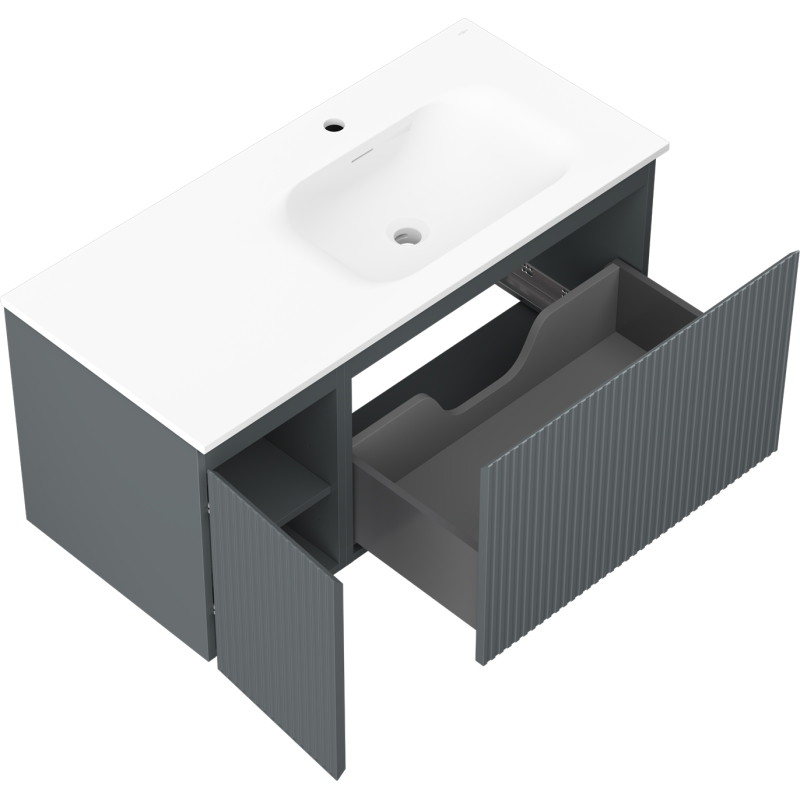 Mexen Rivel 100 cm bathroom cabinet with Vela sink right, 1S, 1D, grooved, graphite/white matte - 91A23-10047-3-BBFF66-W23P01