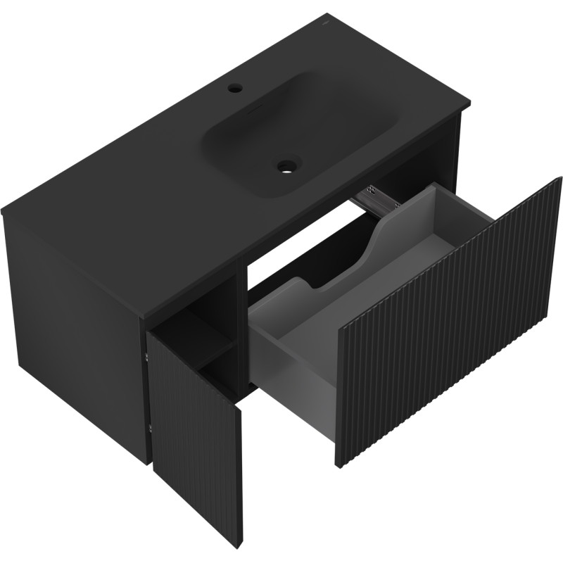 Mexen Rivel 100 cm Bathroom Cabinet with Vela Right Sink, 1S, 1D, Fluted, Black Matte - 91A23-10047-3-BBFF71-W23P71