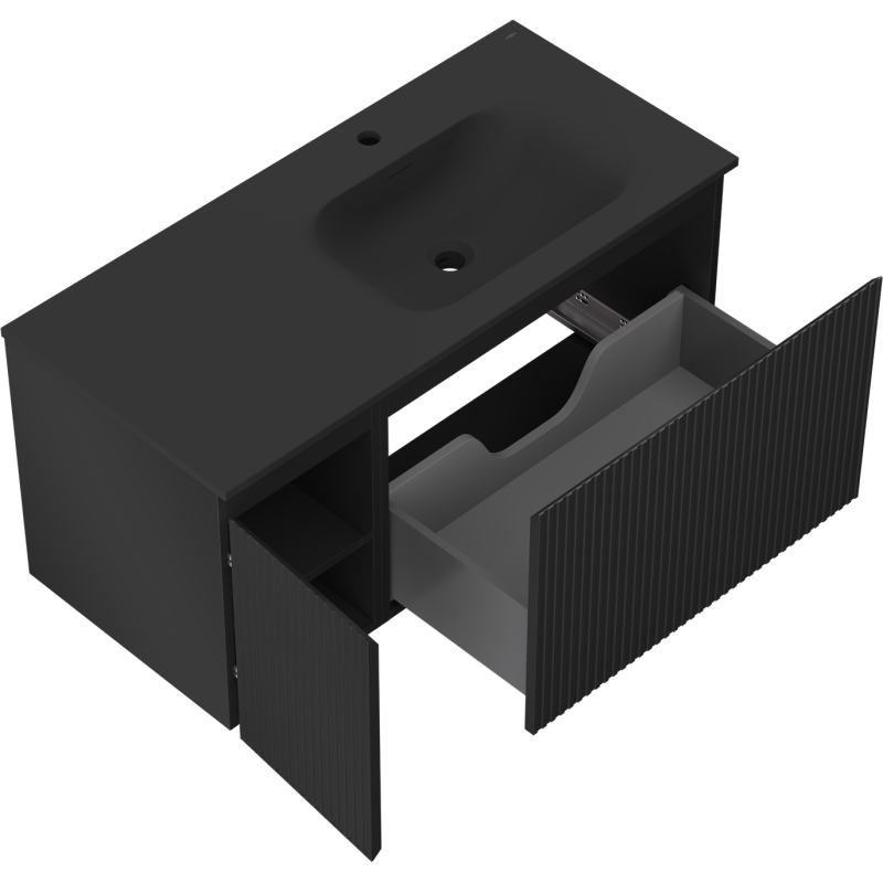 Mexen Rivel bathroom cabinet 100 cm with Vela right washbasin, 1S, 1D, fluted, black matte - 91A23-10047-3-BBFF71-W23P71