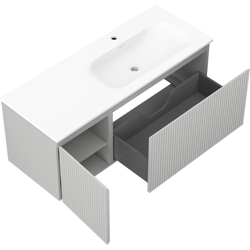 Mexen Rivel bathroom cabinet 120 cm with Vela right basin, 1S, 1D, fluted, gray matte/white matte - 91A23-12047-3-BBFF62-W23P01