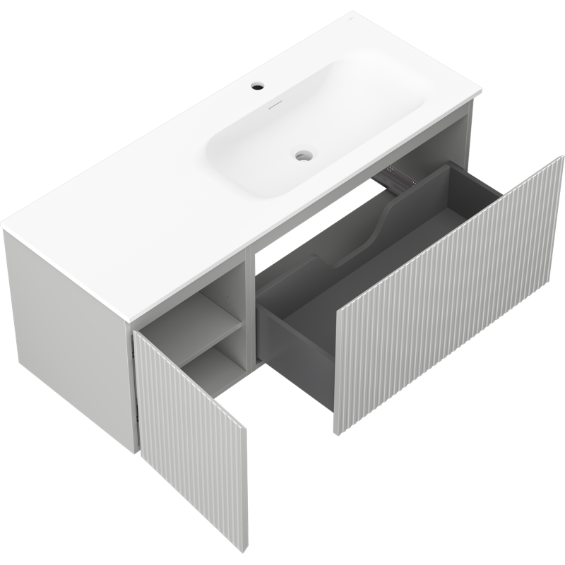 Mexen Rivel Bathroom Cabinet 120 cm with Vela Right Sink, 1S, 1D, Grooved, Gray Matte/White Matte - 91A23-12047-3-BBFF62-W23P01