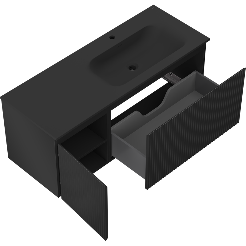 Mexen Rivel bathroom cabinet 120 cm with Vela right sink, 1S, 1D, fluted, black matte - 91A23-12047-3-BBFF71-W23P71