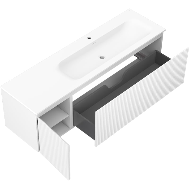 Mexen Rivel 160 cm bathroom cabinet with Vela right sink, 1D, 1S, ribbed, white matte - 91A23-16047-3-BBFF01-W23P01
