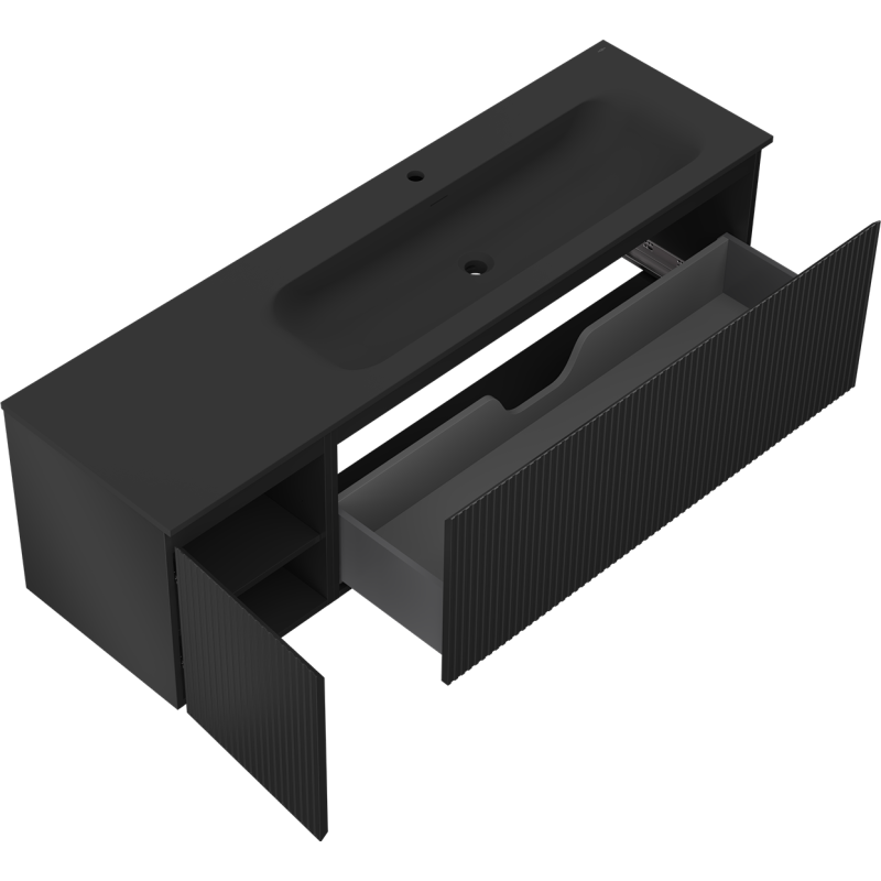 Mexen Rivel bathroom cabinet 160 cm with Vela right washbasin, 1S, 1D, fluted, matte black - 91A23-16047-3-BBFF71-W23P71