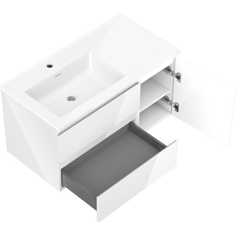 Mexen Orio 90 cm bathroom cabinet with Otis left sink, 2S, 1D, white gloss - 91A13-09047-3-BBFFF00-W18L00